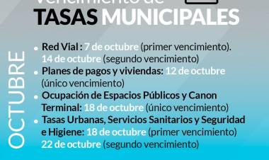 Vencimiento de tasas municipales del mes de Octubre