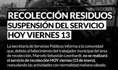 Servicio de recolección de residuos: suspensión del servicio HOY viernes