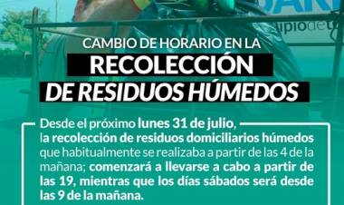 Cambio de horario en la Recolección de Residuos Húmedos