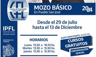 CFL: CURSO GRATUITO CON CERTIFICACIÓN OFICIAL DE MOZO EN PUEBLO SAN JOSÉ