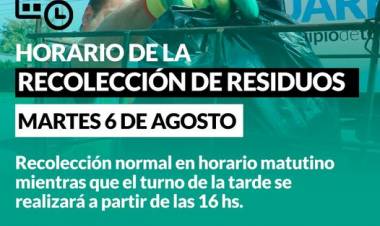 Horario de recolección de residuos este Martes 6 de Agosto ANIVERSARIO DE CORONEL SUÁREZ