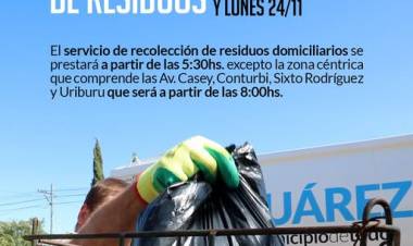 Servicio de recolección de residuos domiciliarios Jueves 20, Viernes 21 y Lunes 24 
