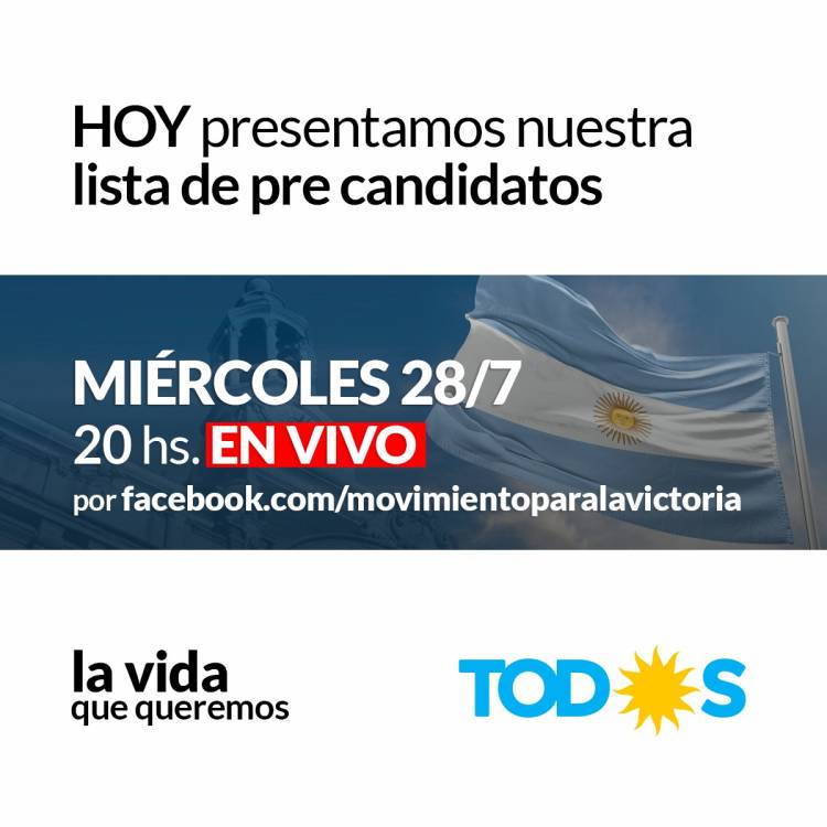 HOY a las 20hs seguí por el Facebook del Movimiento para la Victoria la presentación de los pre-candidatos al Concejo Deliberante del Frente de Todos.