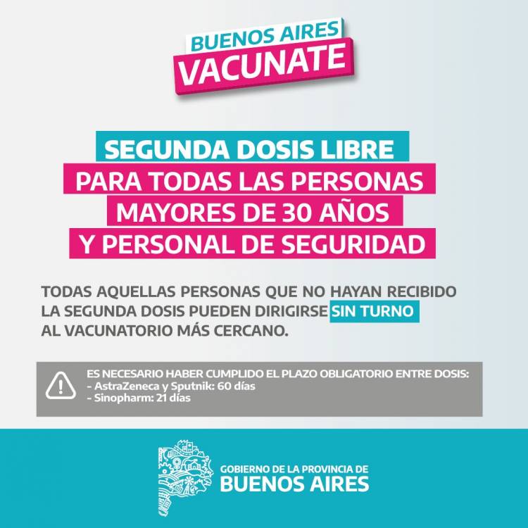  Se amplía el programa de segunda dosis libre para todos los mayores de 30 años y los trabajadores de Seguridad en la Provincia