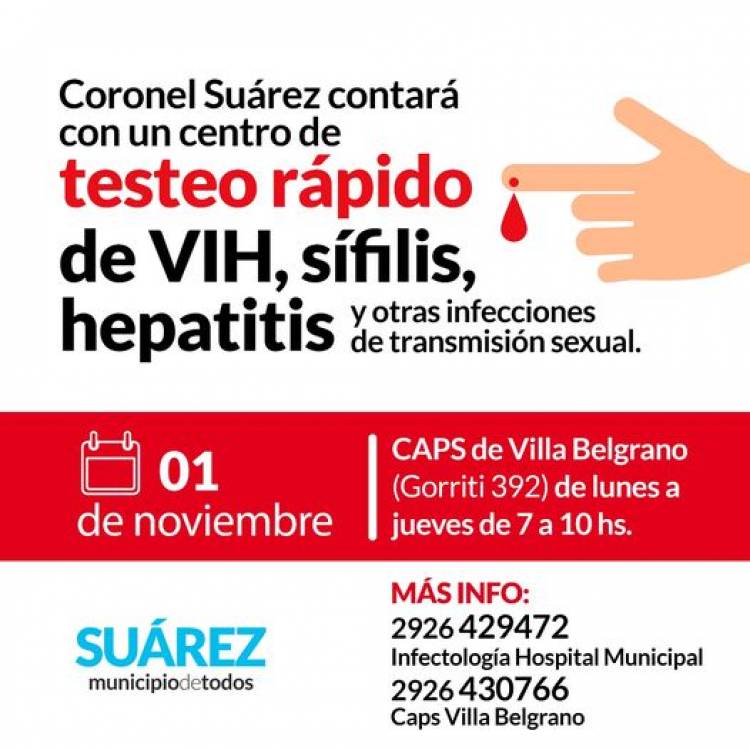 Coronel Suárez contará con un centro de testeo rápido de VIH, sífilis, hepatitis y otras infecciones de transmisión sexual.
