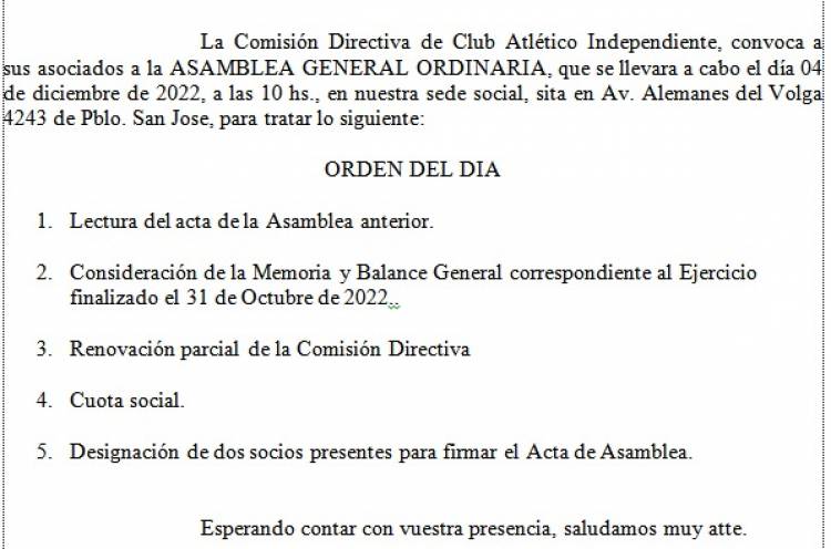 Este 4 de Diciembre: ASAMBLEA GENERAL ORDINARIA EN INDEPENDIENTE