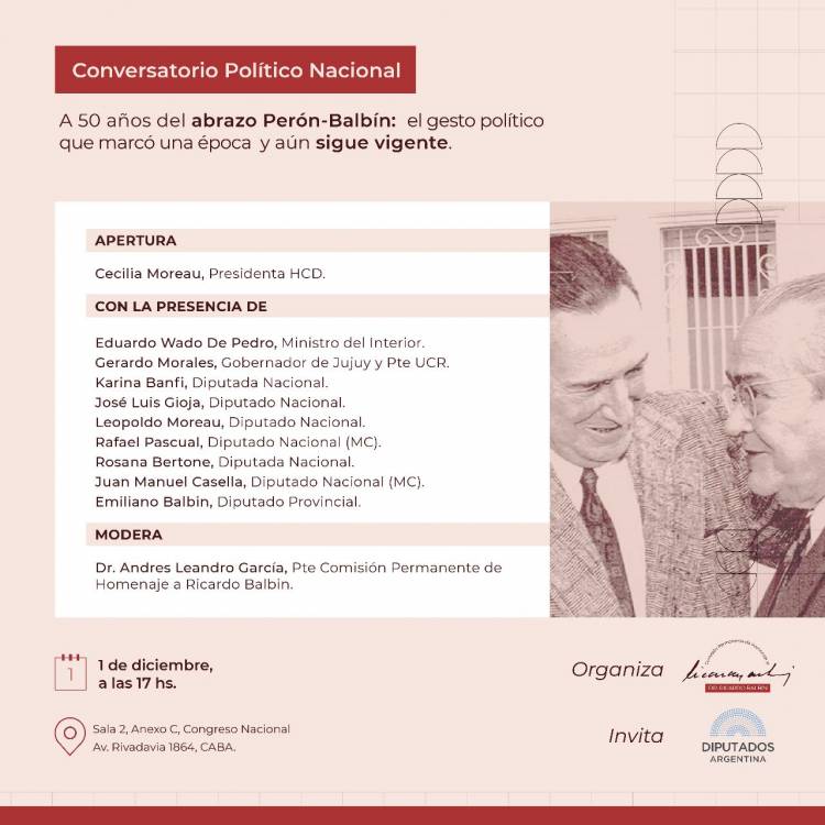 A 50 años del histórico abrazo Perón-Balbín se realizará un conversatorio. 