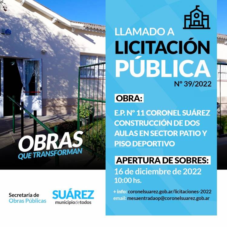 Licitacion Publica: construcción de dos aulas en sector patio y piso deportivo