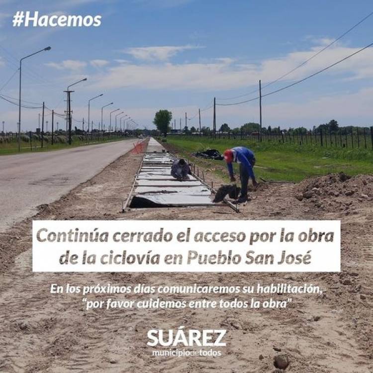 Continúa cerrado el acceso por la obra de la ciclovía en pueblo San José