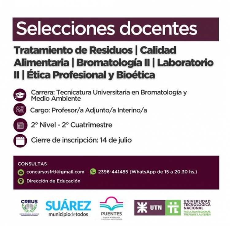 Selección de docentes para cubrir materias en la Tecnicatura Universitaria en Bromatología y Medio Ambiente