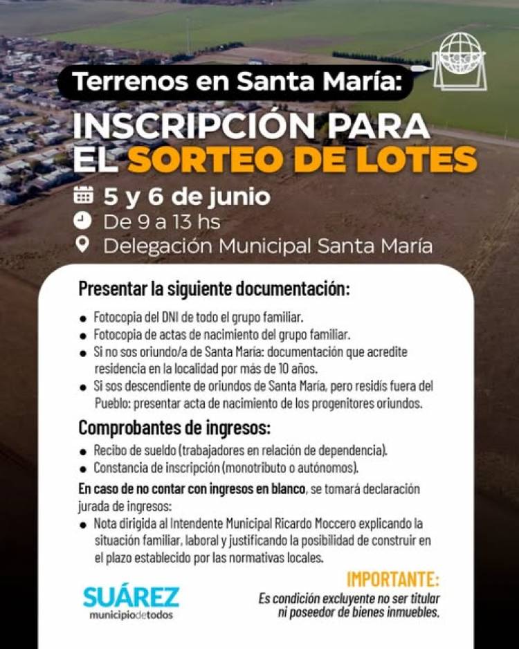 Terrenos en Santa Maria: inscripcion para sorteo de lotes