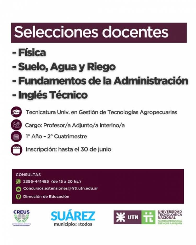 Convocatoria Docente – Tecnicatura Universitaria en Gestión de Tecnologías Agropecuarias