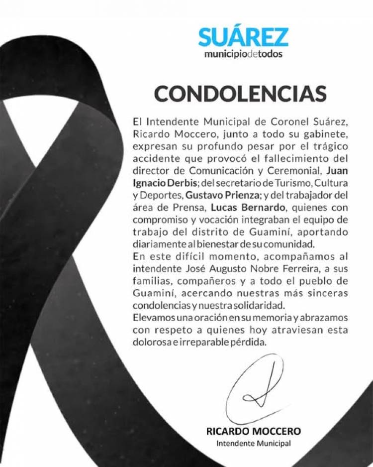 Desde Suarez Municipio acompañamos al distrito de Guaminí por las 3 perdidas en un accidente de su equipo laboral