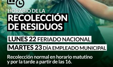 FERIADOS DEL LUNES 22 Y EL MARTES 23: HORARIO DE RECOLECCIÓN DE RESIDUOS