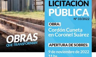 Licitacion Publica: “Cordón Cuneta en Coronel Suárez (Coronel Suárez)”