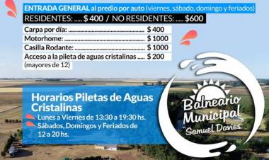 Balneario Municipal “Samuel Davies” tarifas vigentes temporada de verano 2023