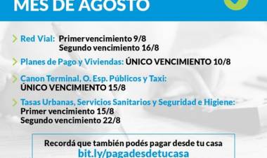 VENCIMIENTO DE TASAS MUNICIPALES DEL MES DE AGOSTO