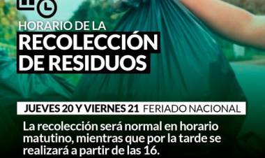 Horario de recolección de residuos del Jueves y Viernes FERIADOS NACIONALES