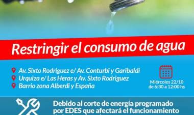 IMPORTANTE: Restricción del consumo de agua por corte de energía 