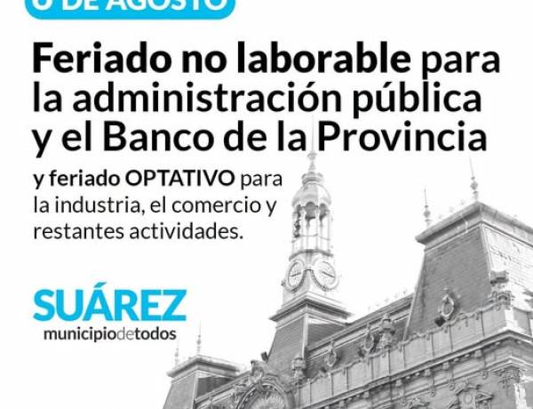 6 DE AGOSTO: feriado no laborable para la Administración Pública y el Banco de la Provincia