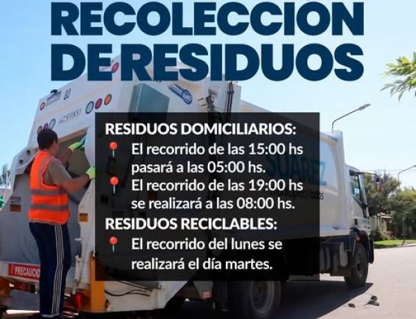 Servicio de recolección de residuos para el Lunes 17 de Agosto