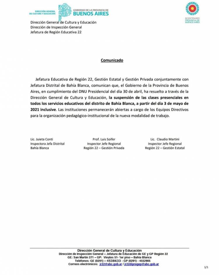Bahía, en fase 2: se suspenden las clases a partir de este lunes