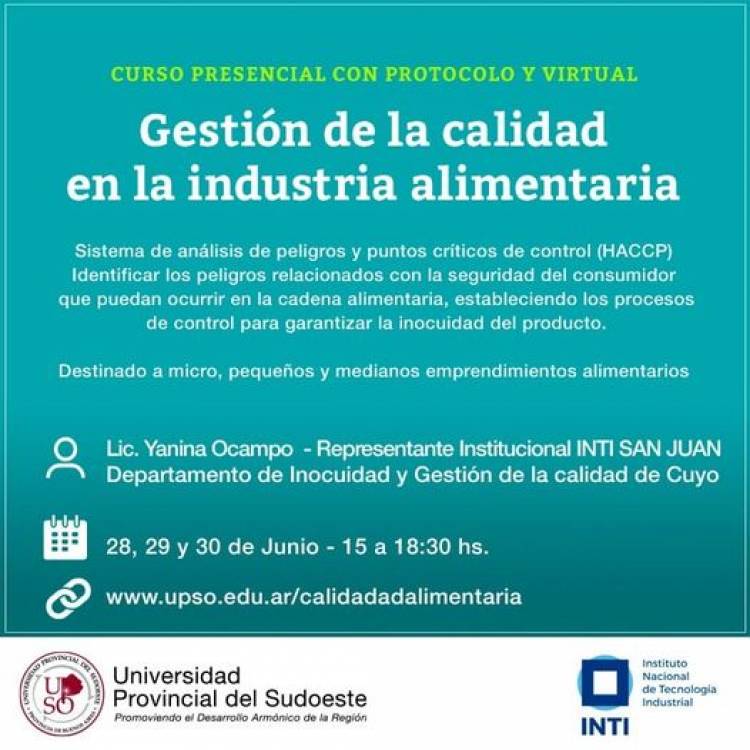El próximo 28, 29 y 30 de Junio se llevará a cabo el Curso " Gestión de la Calidad en la Industria Alimentaria"