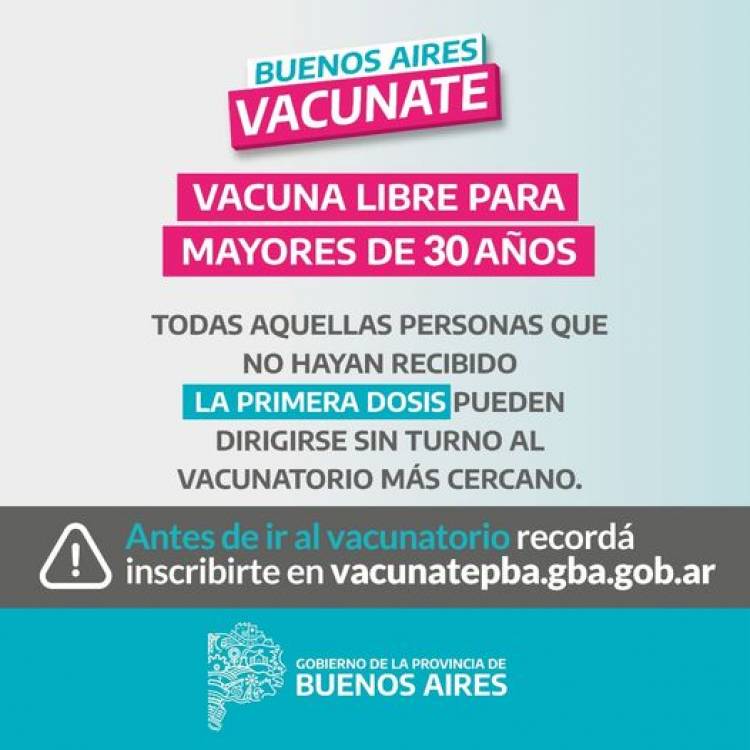 ATENCIÓN: Vacunación libre para +30 inscriptos en VACUNATE e inscripción para adolescentes de 13 a 17 años