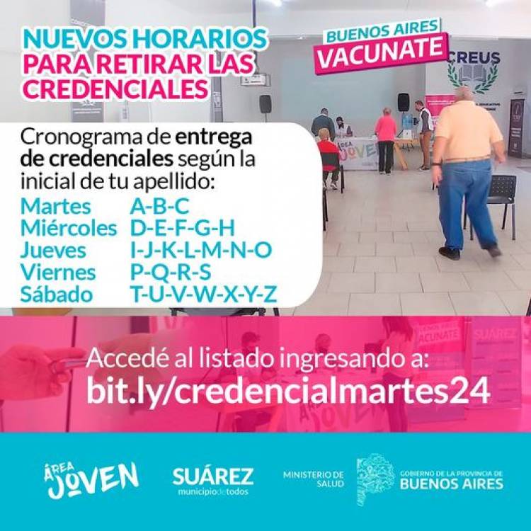 Vacunate Suárez: Ampliamos el horario de la entrega de credenciales de personas que registran vacunación Covid-19