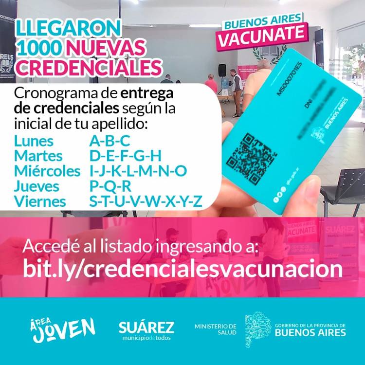Vacunate Suárez: Llegaron 1000 nuevas credenciales de personas que registran vacunación de Covid-19