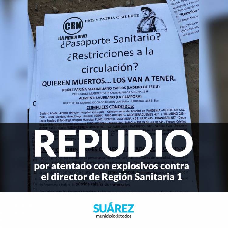 Repudio ante el atentado perpetrado en el domicilio del Director de Región Sanitaria 1