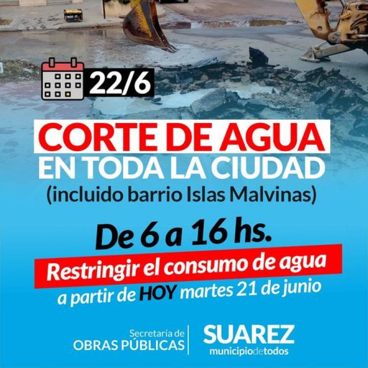 Corte de agua en toda la ciudad incluido barrio Islas Malvinas