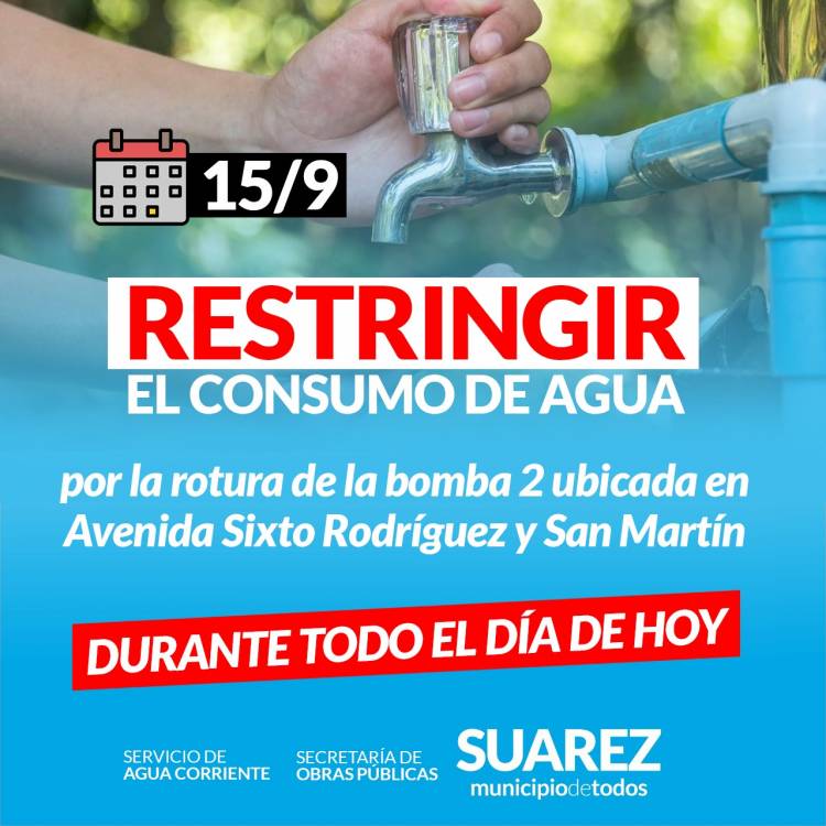SERVICIOS SANITARIOS: Se solicita restringir el consumo de agua por rotura de bomba
