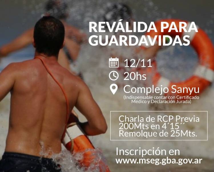 Revalida para Guardavidas: Será el 12 de noviembre en el Complejo Sanyu a las 20 horas.