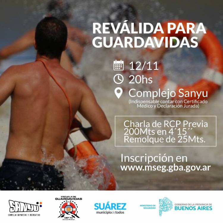 Revalida para Guardavidas: Será el 12 de noviembre en el Complejo Sanyu a las 20 horas.