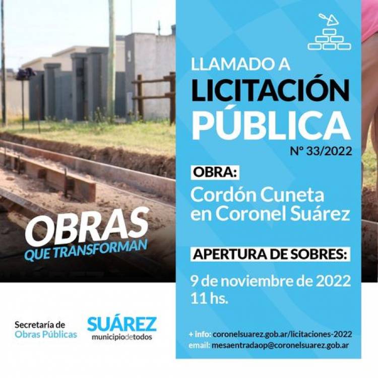 Licitacion Publica: “Cordón Cuneta en Coronel Suárez (Coronel Suárez)”