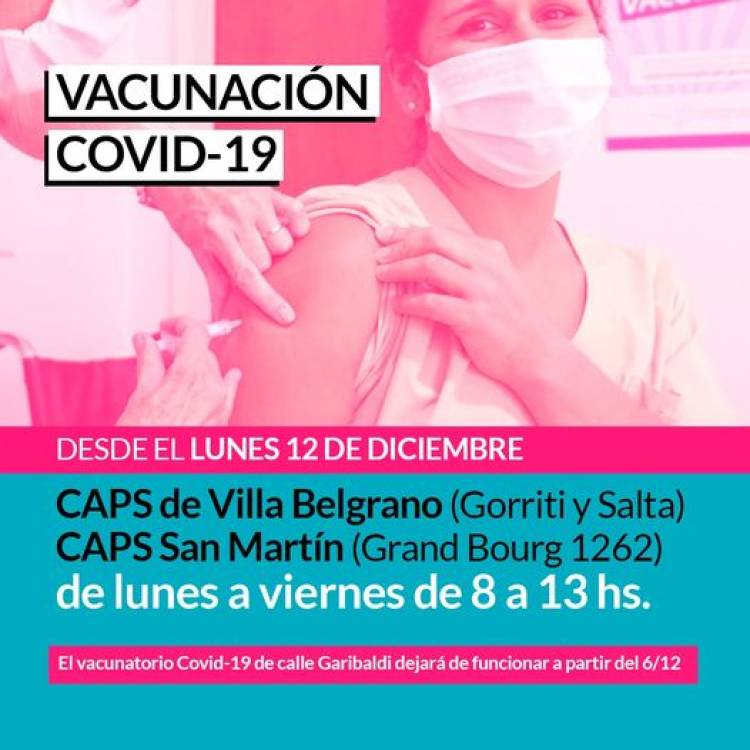 Se aplicará la vacuna Covid-19 en los CAPS de Villa Belgrano y San Martín