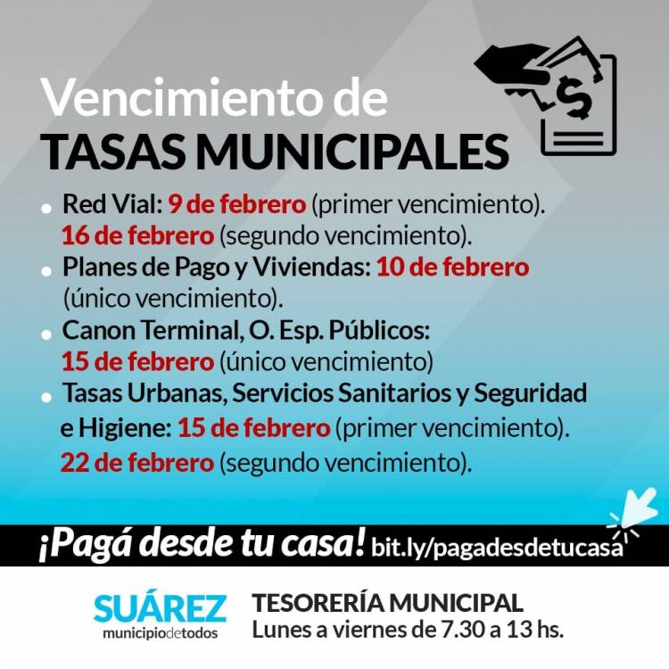 Vencimiento de Tasas Municipales del mes de febrero