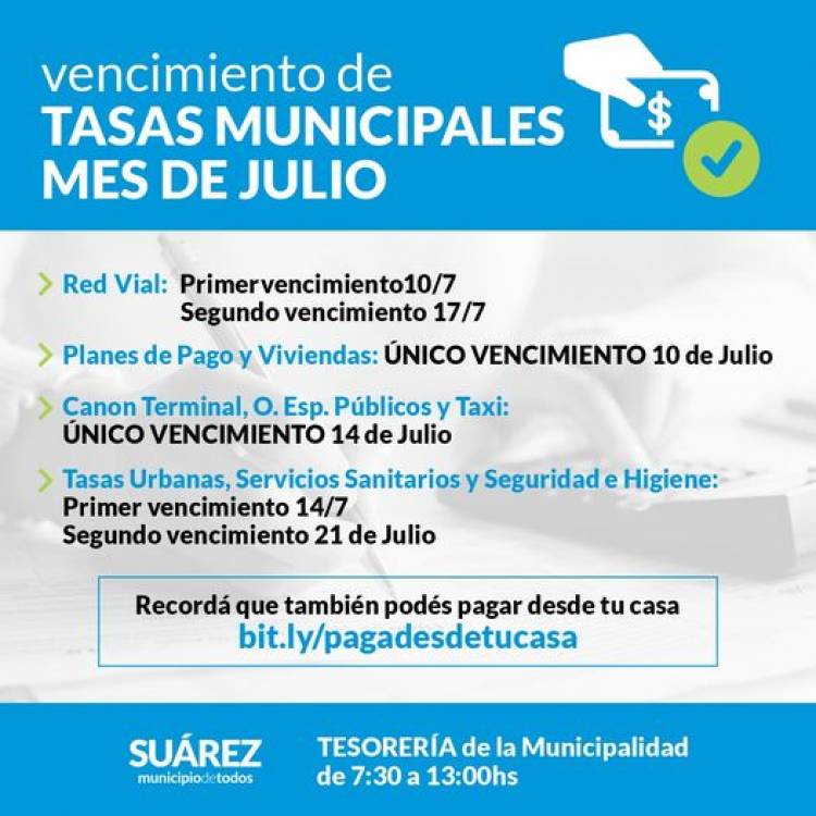 Vencimiento de Tasas Municipales del mes de Julio