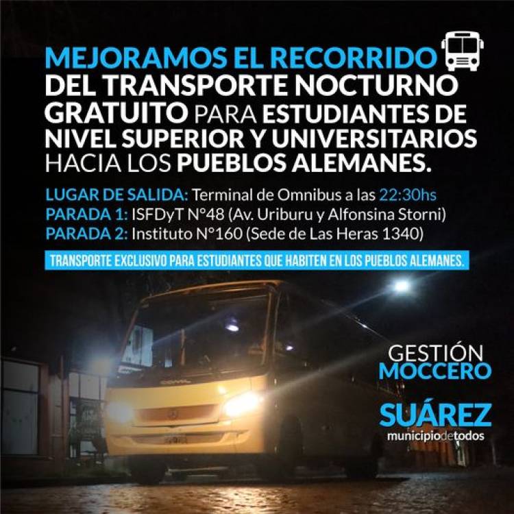 Recorrido del TRANSPORTE NOCTURNO GRATUITO para estudiantes hacia los pueblos alemanes