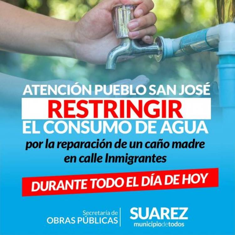 ATENCIÓN PUEBLO SAN JOSE: restricción en el consumo de agua