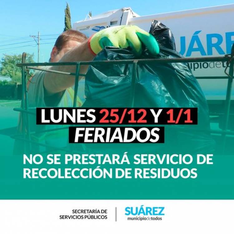 No se prestara servicio de recoleccion de residuos los dias 25/12 y 01/01
