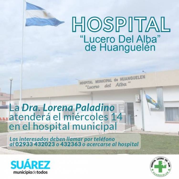 Miércoles 14: la Cirujana doctora Lorena Paladino atiende en el Hospital de Huanguelén