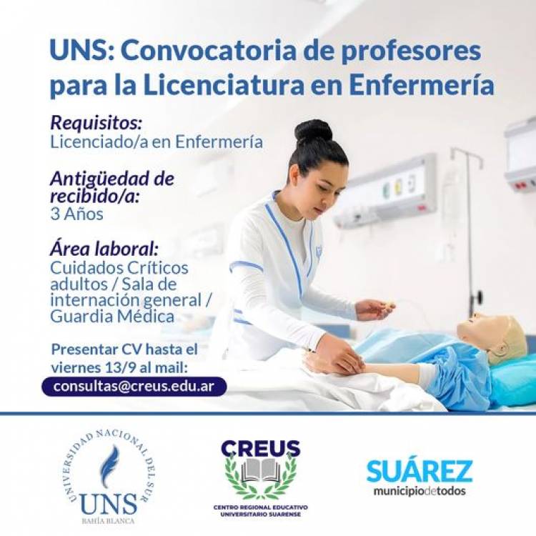 UNS: convocatoria de profesores para la licenciatura en Enfermería