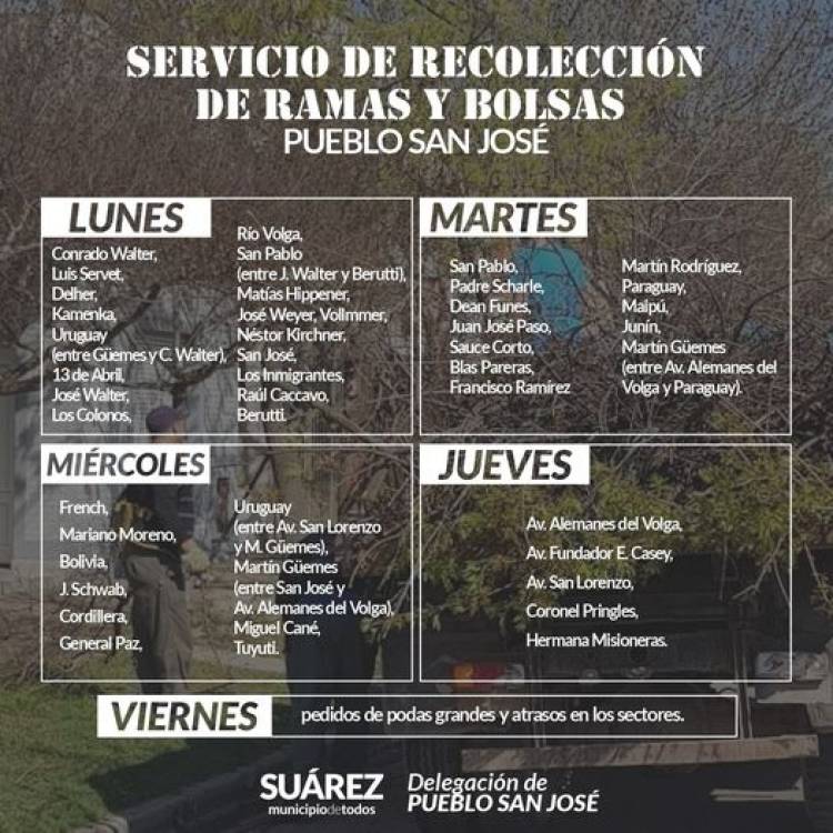 Atención vecinos de Pueblo San José: cronograma del servicio de recolección de ramas y bolsas