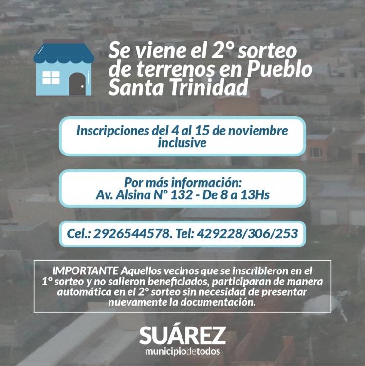 Se viene el 2° sorteo de terrenos en Pueblo Santa Trinidad