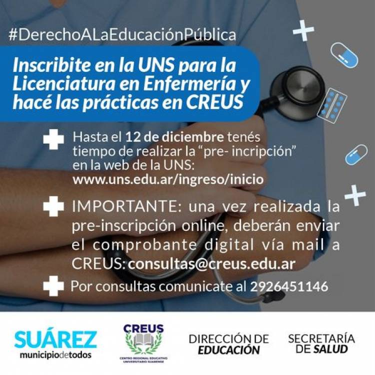 CREUS: Inscribite para cursar la licenciatura en Enfermería 2025 con la Universidad Nacional del Sur 