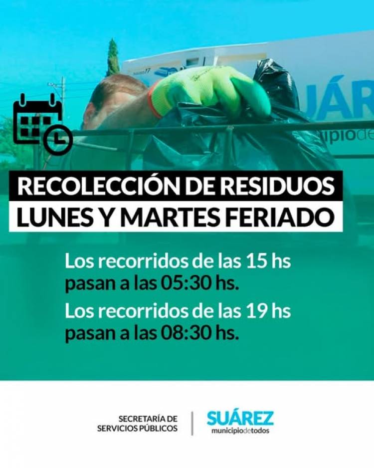 Servicio de recolección de residuos domiciliarios para este lunes y martes feriados