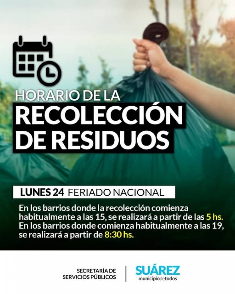 Servicio de recolección de residuos domiciliarios para este lunes 24 de marzo, FERIADO NACIONAL