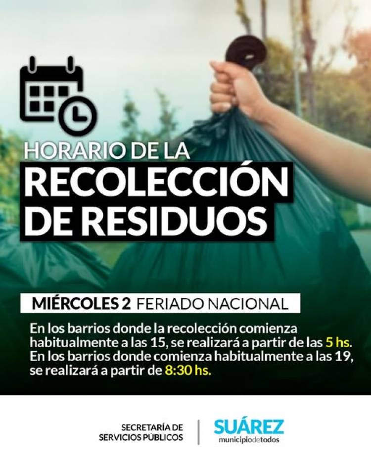 Servicio de recolección de residuos domiciliarios para este Miércoles 2 de Abril, FERIADO NACIONAL 
